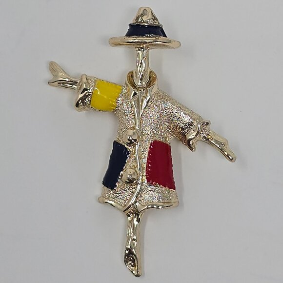 Vintage Sarah Coventry Scarecrow Brooch Enamel Gold Tone Patchwork Fall Pin - Picture 2 of 8